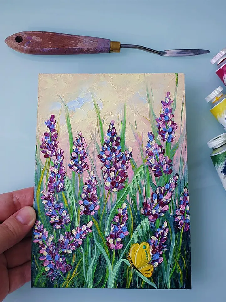 Bluebonnet Painting Butterfly Original Art Floral Wall Art Small Oil Painting