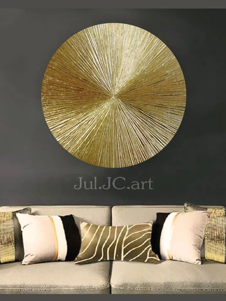 Golden Rays Abstract Wall Art Textured Original Painting on a round canvas | Gold Metallic Modern wall decor Gold Leaf Art