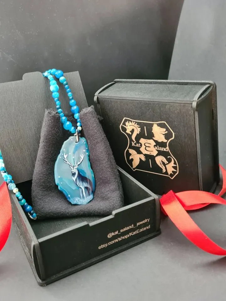 Deer necklace Agate necklace Real oil painting of deer Lacquer miniature