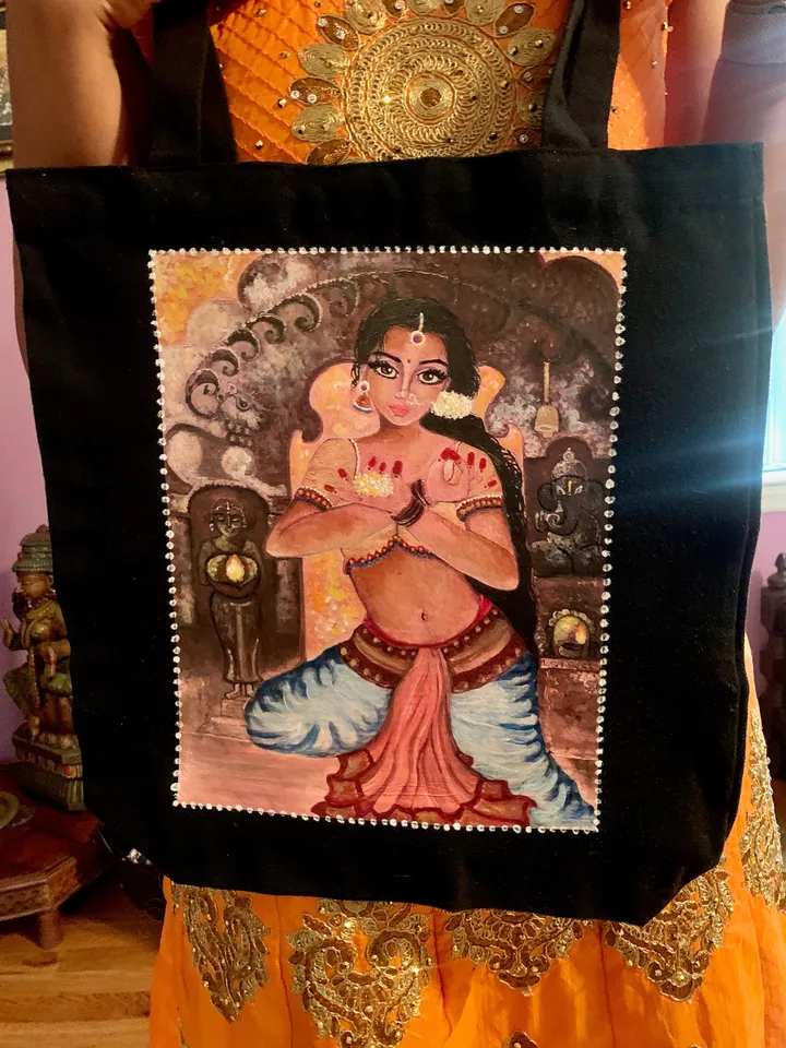Printed, hand retouched black canvas tote bag, light weight durable, personalized art on bags, dancing girl gift for all occasions
