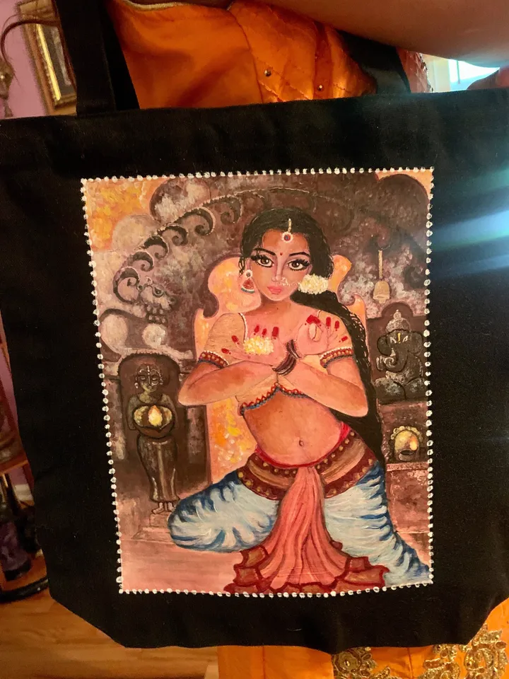 Printed, hand retouched black canvas tote bag, light weight durable, personalized art on bags, dancing girl gift for all occasions