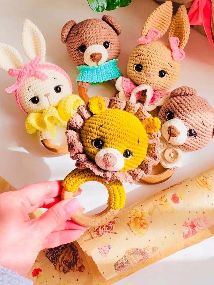 Crochet Pattern Rattle, toy for baby toddlers, Crochet Cute, Amigurumi Little Hands Toy, Plush Animal Bear, Bunny, Lion, Cat, Bee, Fox, Dragon”