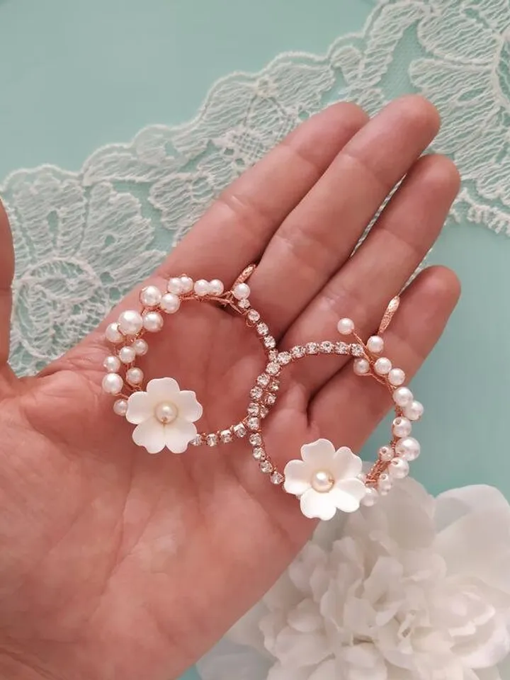 Rose Gold Hoop Floral Wedding Earrings, Porcelain Flower Bridal Earrings, Crystal Chandelier Statement Earriungs, Pearl Bridal Jewelry,
