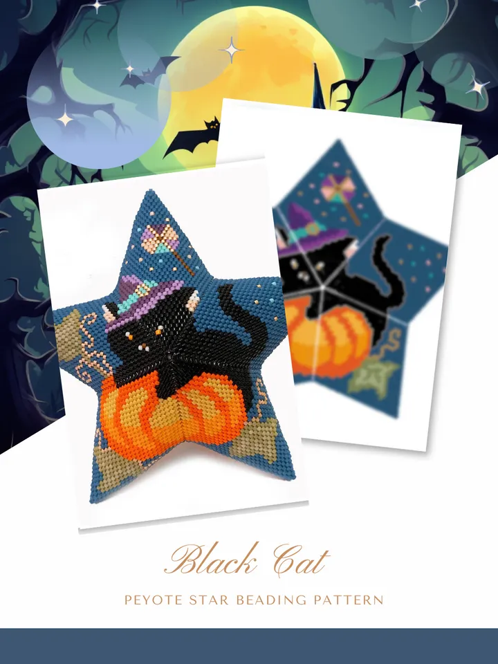 Peyote Star, Black Cat & Pumpkin Beading Pattern, Seed Bead Halloween Ornament