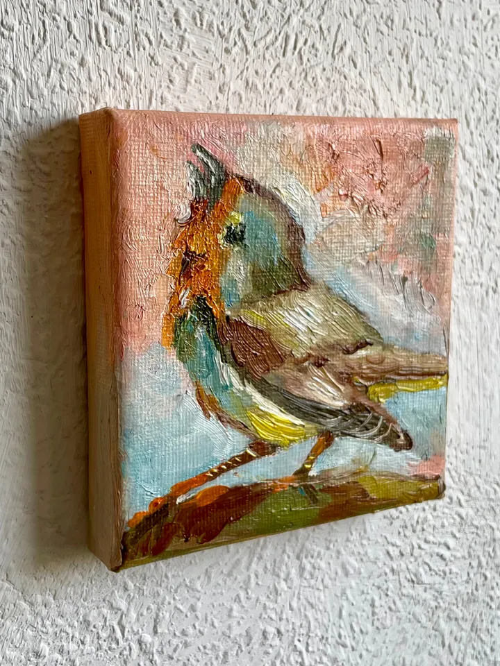 Robin Painting, Original Oil painting on Canvas, Tiny Bird art painting, Miniature Artwork