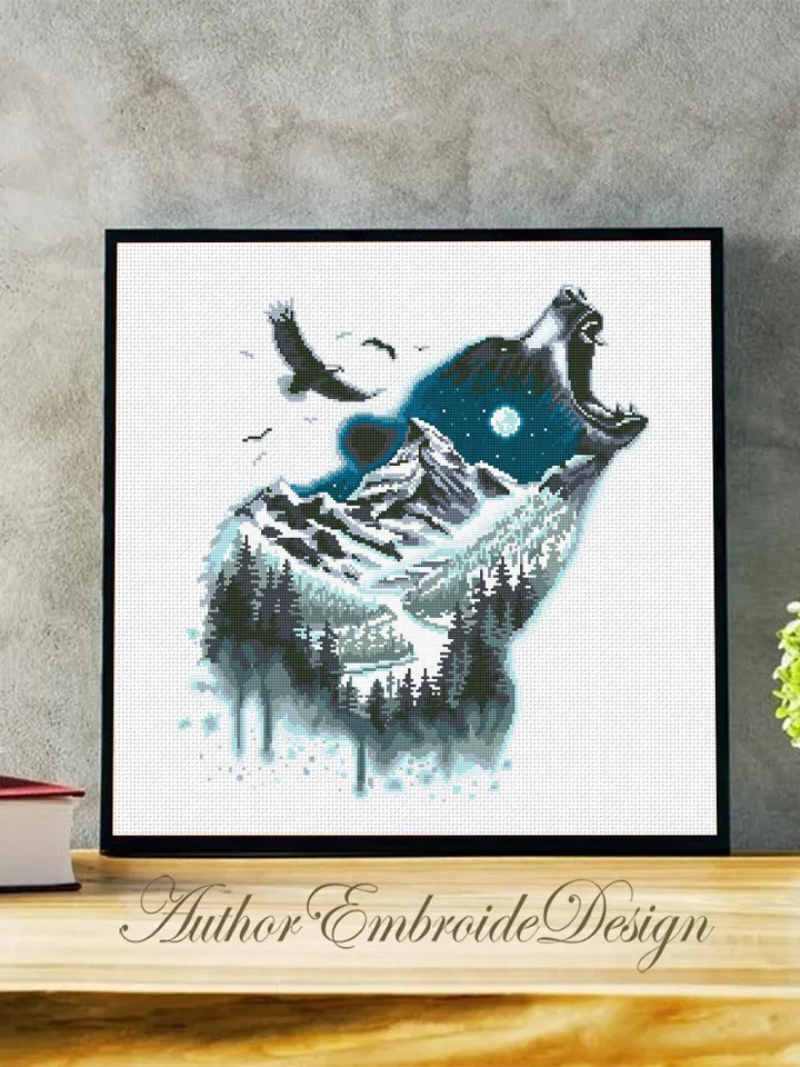 Wild grizzly bear cross stitch pattern PDF download Bear silhouette cross stitch chart, Animal pattern digital PDF, Mountain landscape #L78