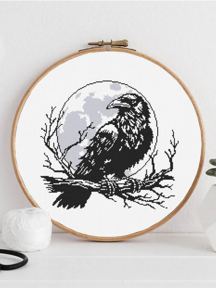 Raven cross stitch pattern PDF download Woodcut crow cross stitch chart, Gothic pattern digital PDF, Full moon, Halloween pattern #L88