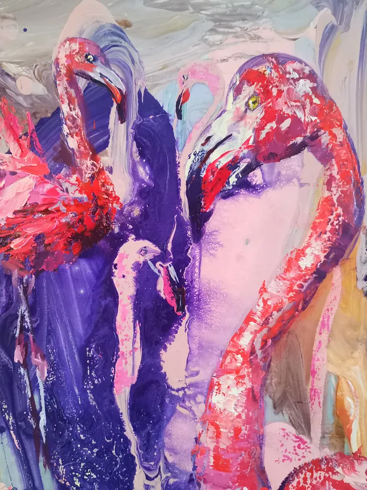 Pink Flamingo Abstract Love Art Original Oil Painting Author Artist Svinar Oksana