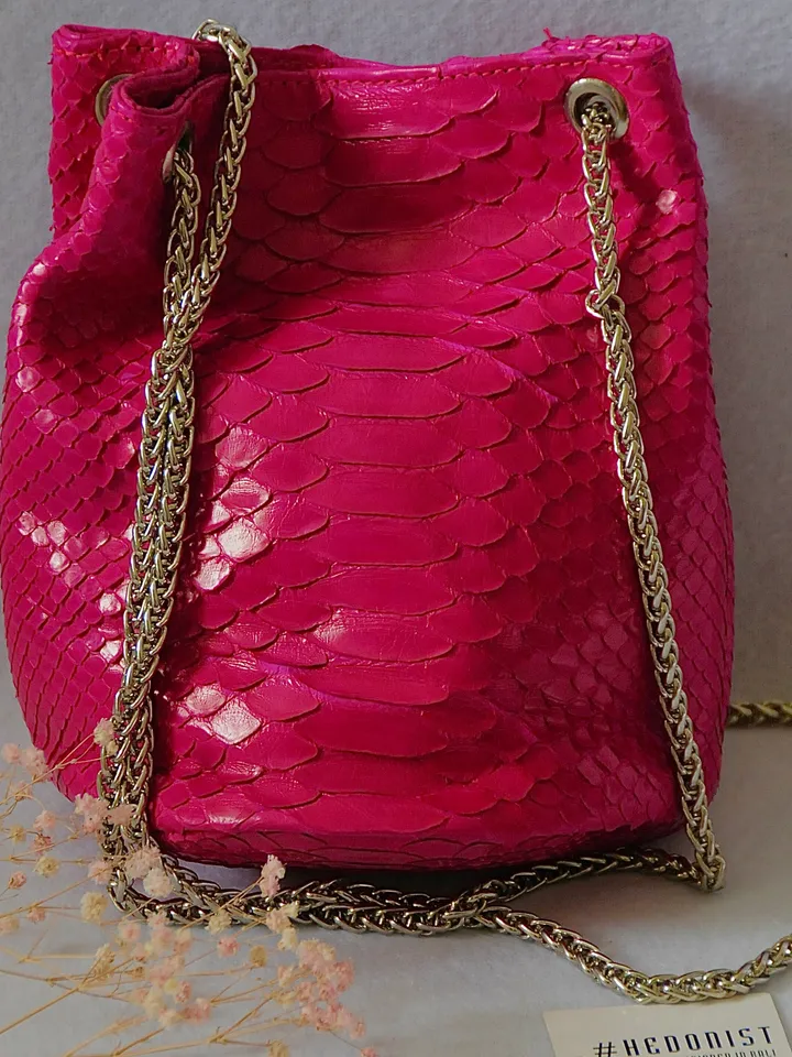 Genuine python skin bucket fuchsia chain bag / designer women purse / bright soft bag / exotic leather bags free shipping | gift for her