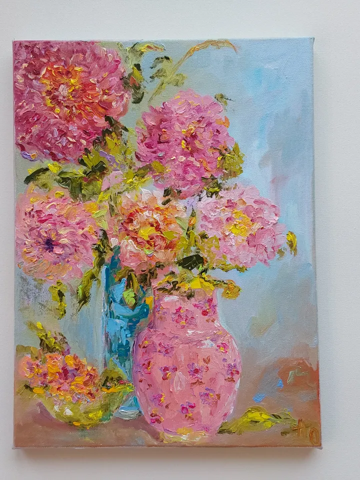 Oil painting on canvas 30x40cm (12x16inch) "Still life with dahlias and chrysanthemums"