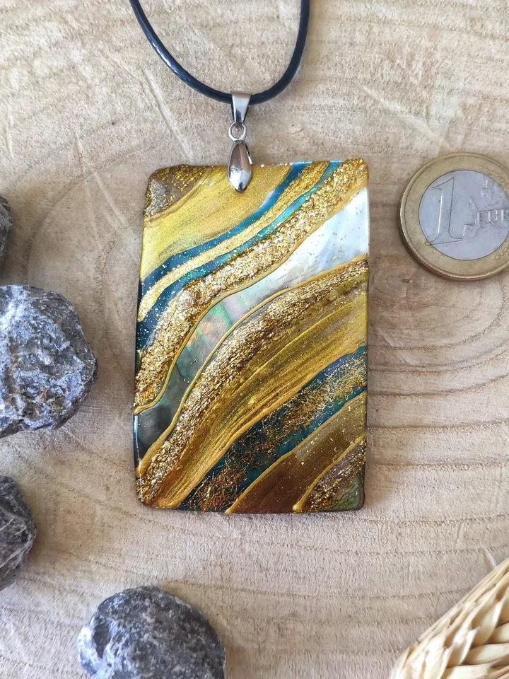 Pearl pendant necklace: Gold blue water on handmade jewelry • abstract art style • trendy necklace for woman • astonishing gift for her