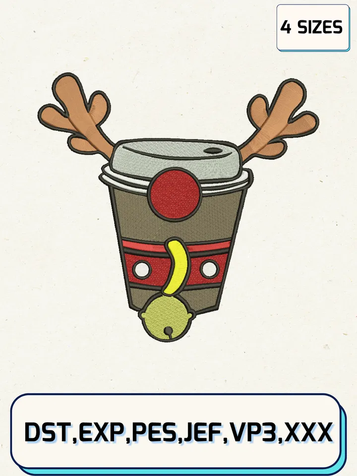 Christmas Cup - Reindeer Embroidery Designs,Christmas Embroidery Designs,Machine Embroidery Files,4 Sizes