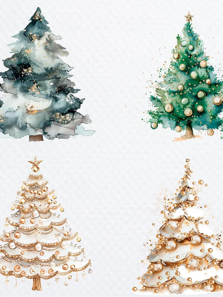 12 Golden Christmas Tree PNG Bundle, Christmas Card, Printable Watercolor clipart for sublimation, Digital download, Winter Paper craft
