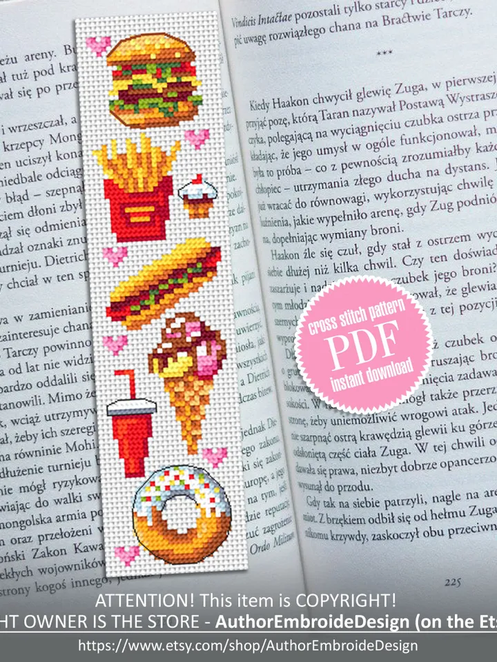 Fast food bookmark cross stitch pattern download PDF Simple handmade bookmark digital PDF, Food cross stitch chart, Small hamburger #B106
