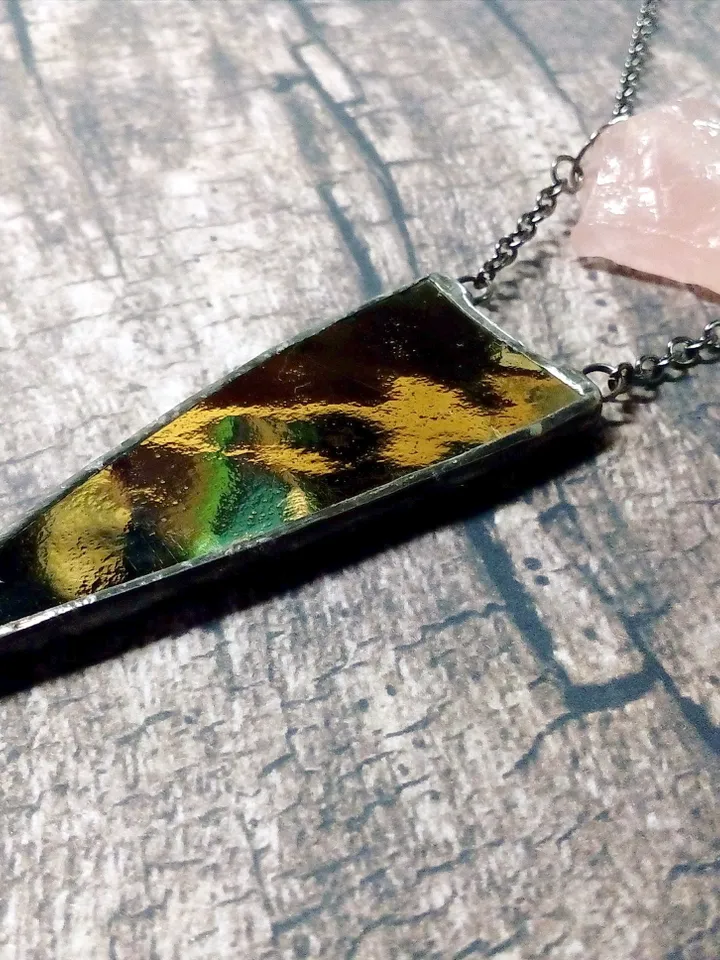 Spike necklace, rose quatrz pendant, stained glass necklace, geometric pendant, triangular necklace