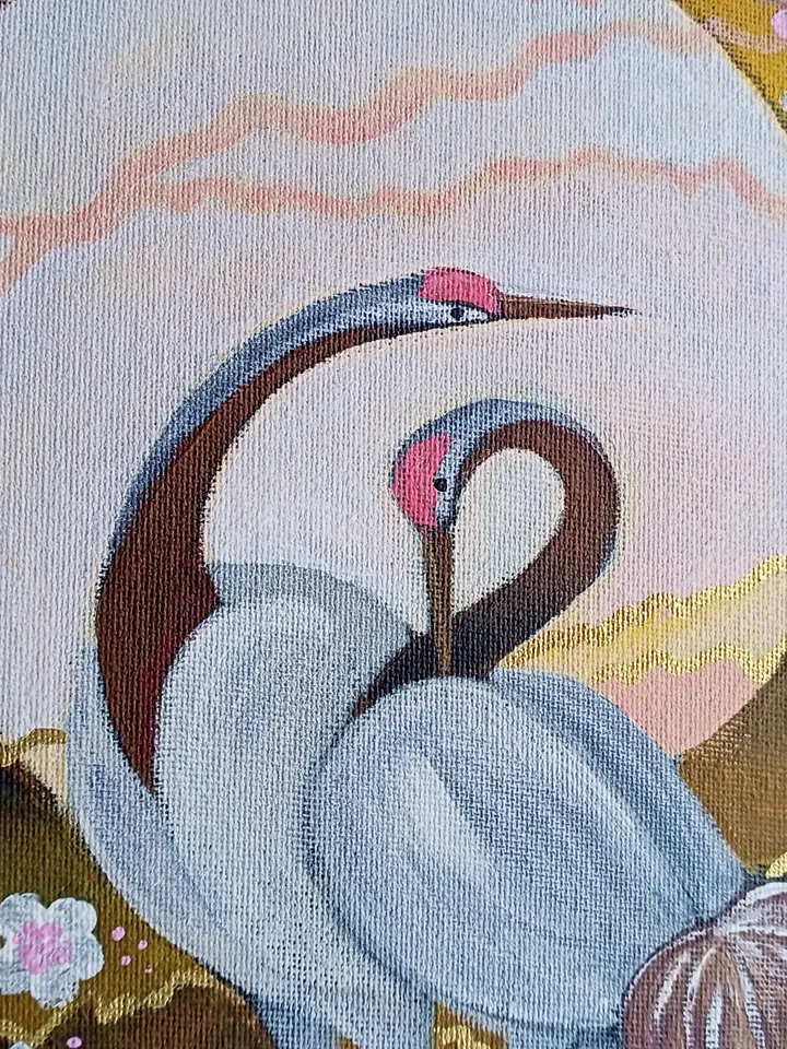 Couple crane acrylic UNFRAMED painting*Pair birds*Moonlight painting*Flowering abstract painting*Blooming branch art*Cherry blossom abstract