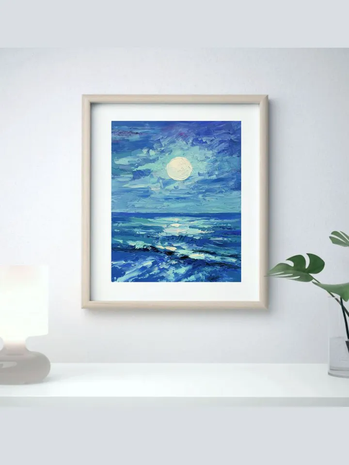 Moonlight night painting Seascape wall art original art Ocean oil painting Seaside artwork 8 by 10 inch by Juliya JC