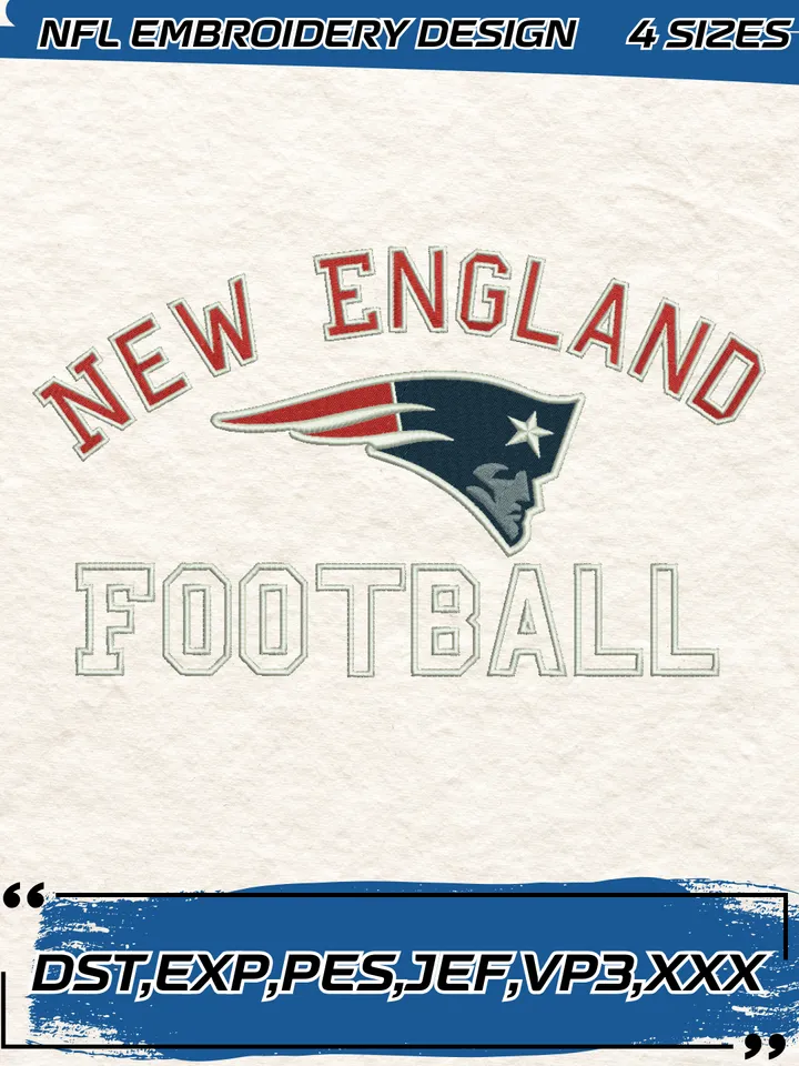 New England Patriots Embroidery Designs, Football Team NFL Machine Embroidery Digitized Pes Files, 4 Sizes, Digital Download