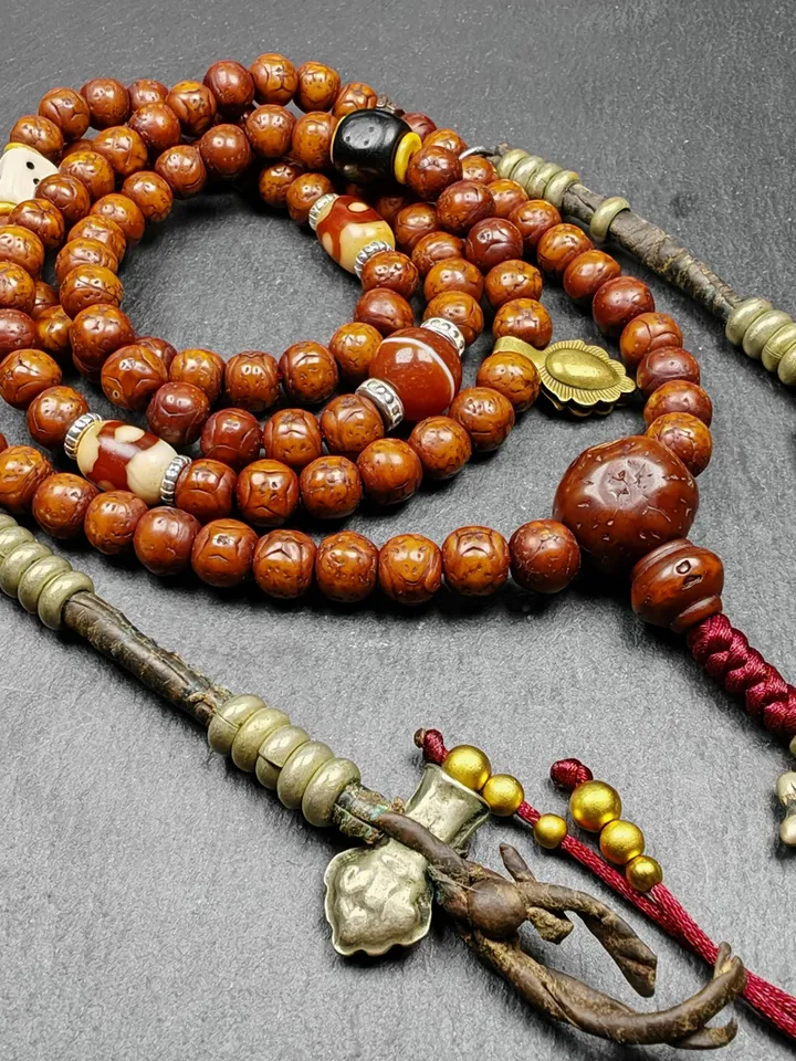 Gandhanra Old Tibetan Mala,Authentic 10mm 108 Kirin Eyes Bodhi Seed Prayer Beads - Handcrafted Tibetan Rosary with Unique Mix of Treasures