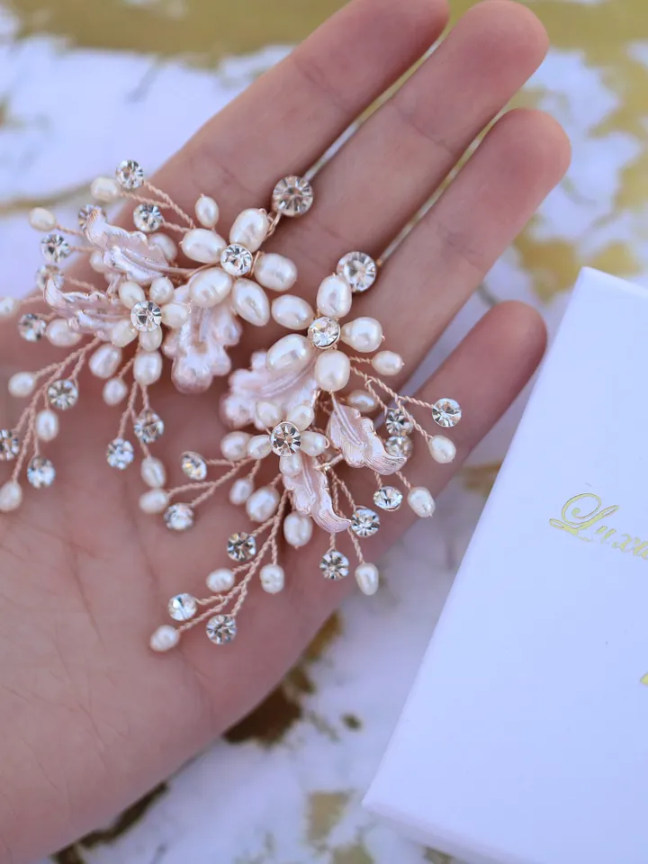 Rose Gold Vintage Leaf Wedding Earrings, Freshwater Pearl Floral Boho Wedding Earrings, Long Chandelier Statement Earrings, Bridal Jewelry