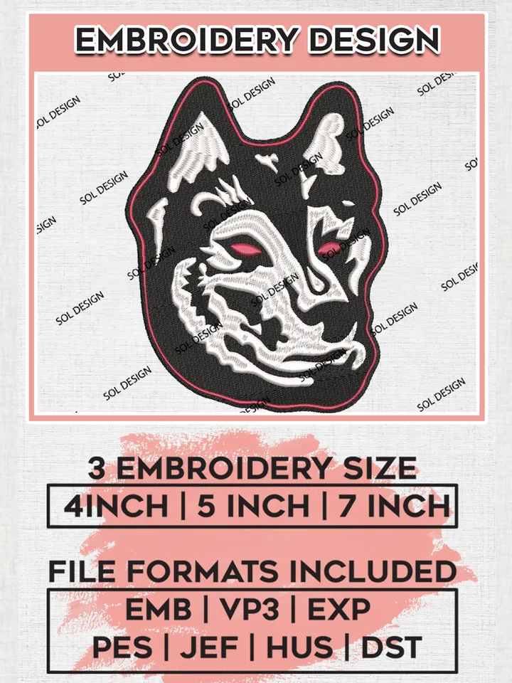 Northeastern Huskies Team Head Mascot Logo Embroidery Design Files, NCAA Northeastern Huskies Machine Embroidery, NCAA Teams, Game Day, 3 sizes, NCAA Machine embroidery designs, Digital Download