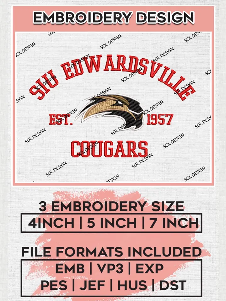 SIU Edwardsville Cougars Est 1957 Embroidery Designs, NCAA SIU Edwardsville Cougars Team Embroidery, NCAA Team Logo, 3 sizes, Machine embroidery Files, Digital Download