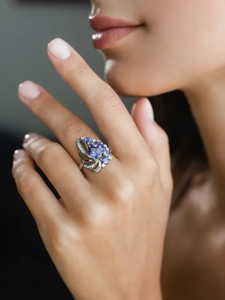 Ring silver 925 with tanzanite and cubic zirconia