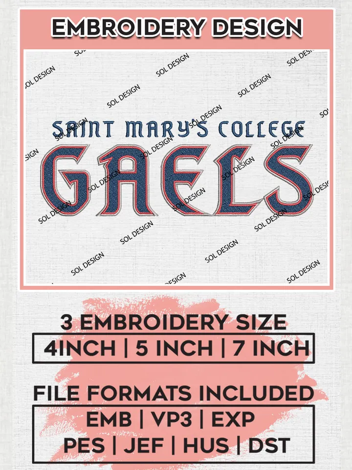 NCAA Saint Mary's College Gaels Team Word Logo Embroidery Design Files, NCAA Saint Marys Gaels Machine Embroidery, NCAA Teams, Game Day, 3 sizes, NCAA Machine embroidery designs, Digital Download