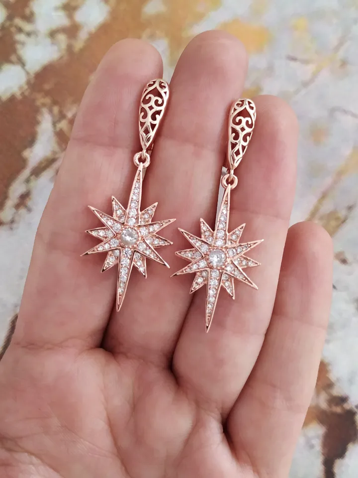 3 PCS Rose Gold Star Earrings Tiara and Necklace Jewelry Set, Celestial Boho Wedding Accessories, Valentine's Day Gift , Bridesmaid Gift