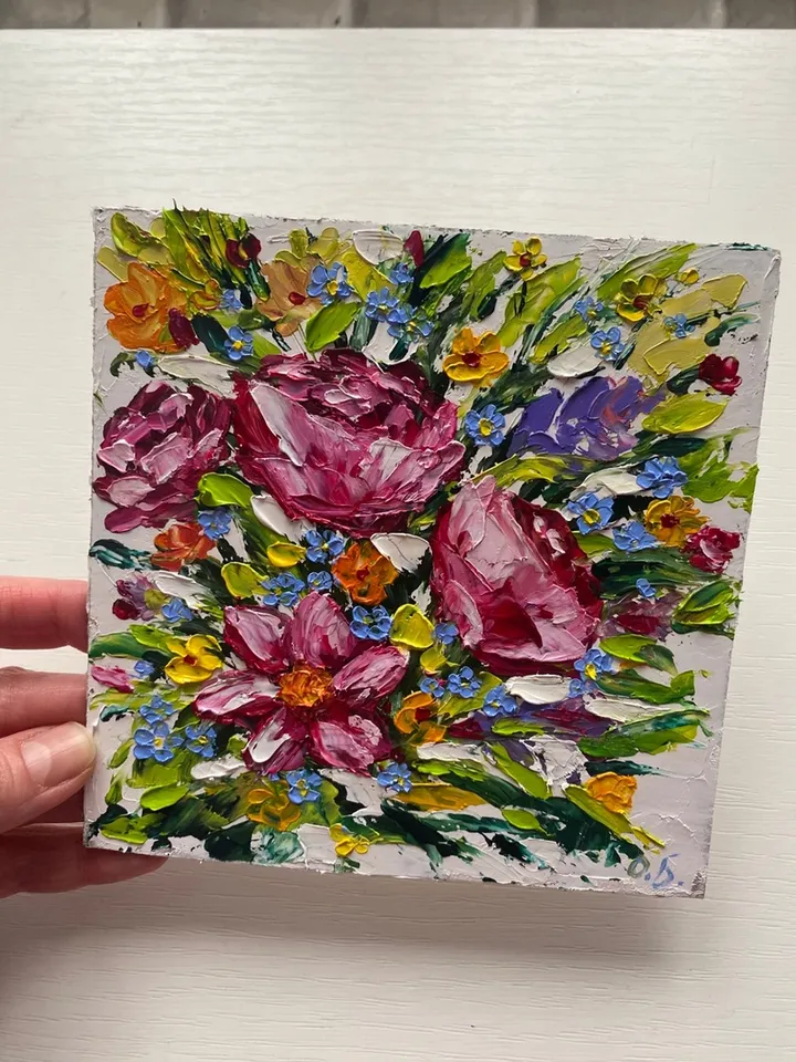 Flowers in a meadow, oil painting on cardboard made with a palette knife, impasto - a unique gift.