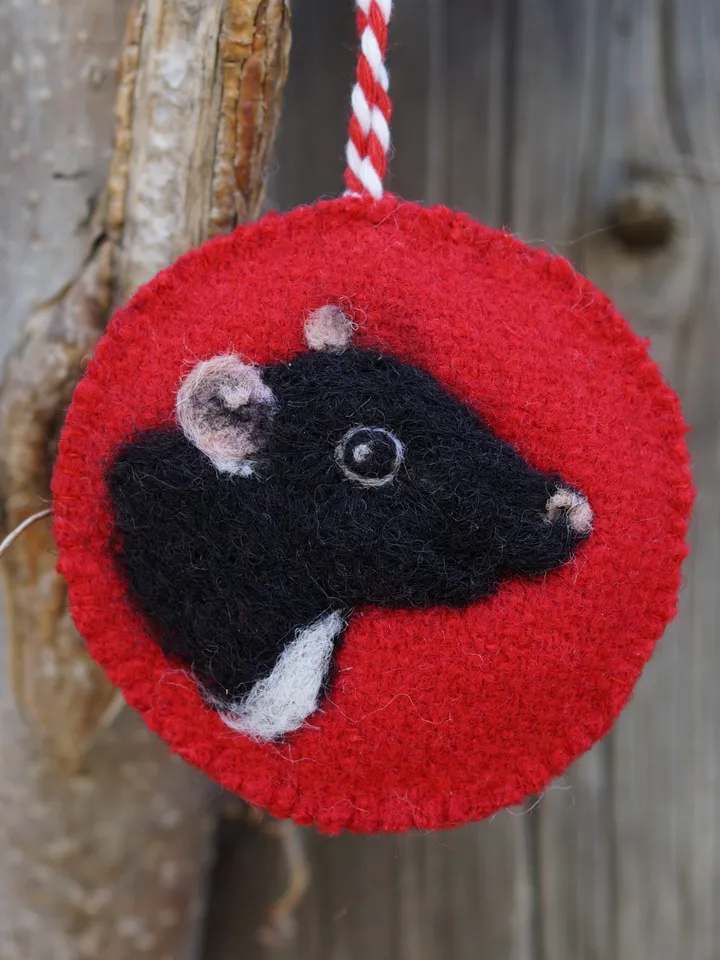 rat Christmas ornament, pet portrait, black and white rat, needle felted rat, made to order