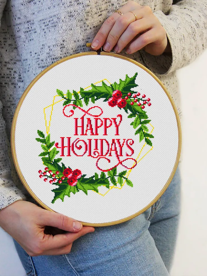 Christmas holly berry wreath cross stitch pattern PDF Happy holidays cross stitch framed, Instant download PDF, Christmas home decor #N31