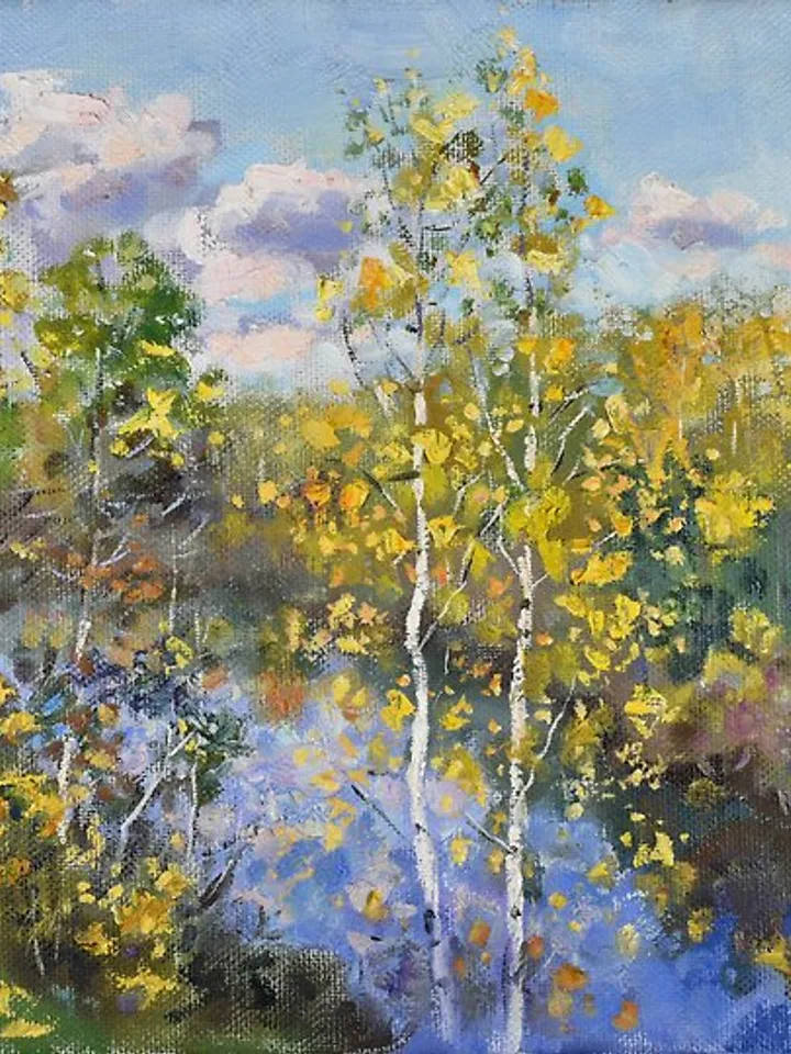 Autumn Painting Lake Landscape Birch Tree Original Art Nature Plein Air