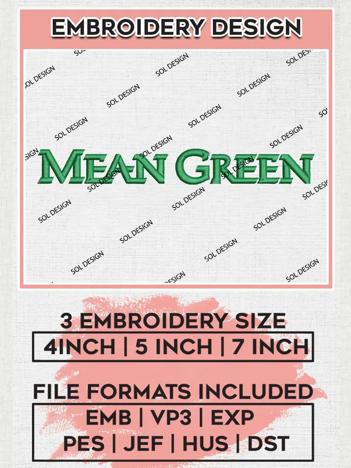 NCAA Mean Green Team Word Logo Embroidery Design Files, NCAA North Texas Mean Green Machine Embroidery, NCAA Teams, 3 sizes, NCAA Machine embroidery designs, Digital Download