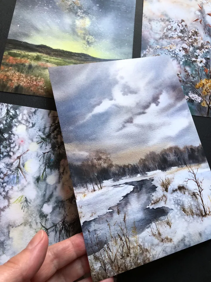 Landscape Watercolor Prints Set of 4 Nature Postcards