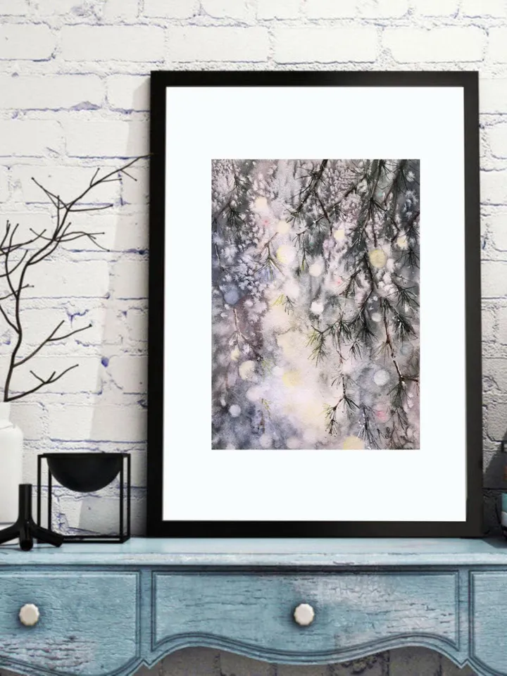 Forest Original Painting Trees Wall Art Winter Watercolor Painting