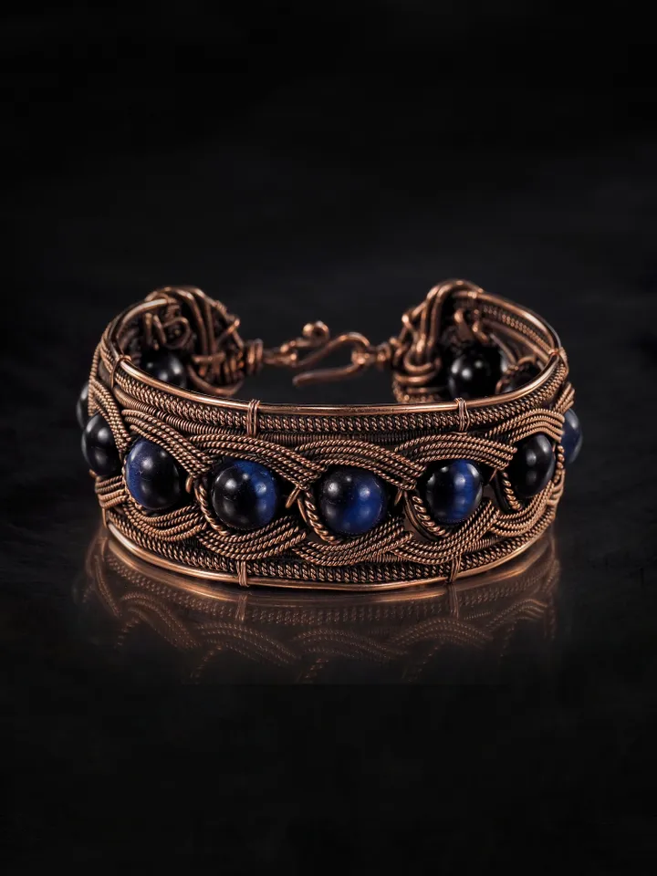 Copper wire bracelet with natural falcon eye, 7th Wedding Anniversary gift