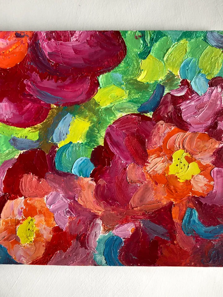 Bright flowers modern impasto painting original oil painting wall art painting 6 x 6 inches