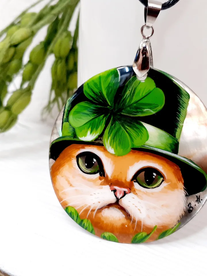 Pearl pendant necklace: Red Cat in the Hat. St Patrick's Day jewelry handmade for luck. Cute funny pendant with cat. Elegant dainty pendant