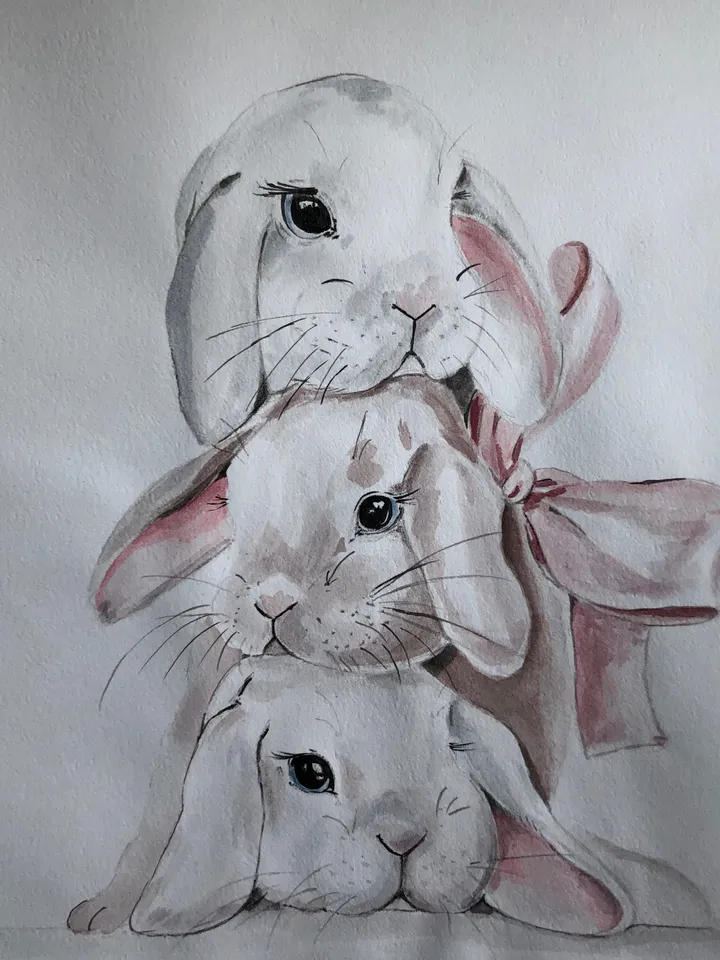 Cute bunnies painting children room wall art original watercolour hand painted modern painting