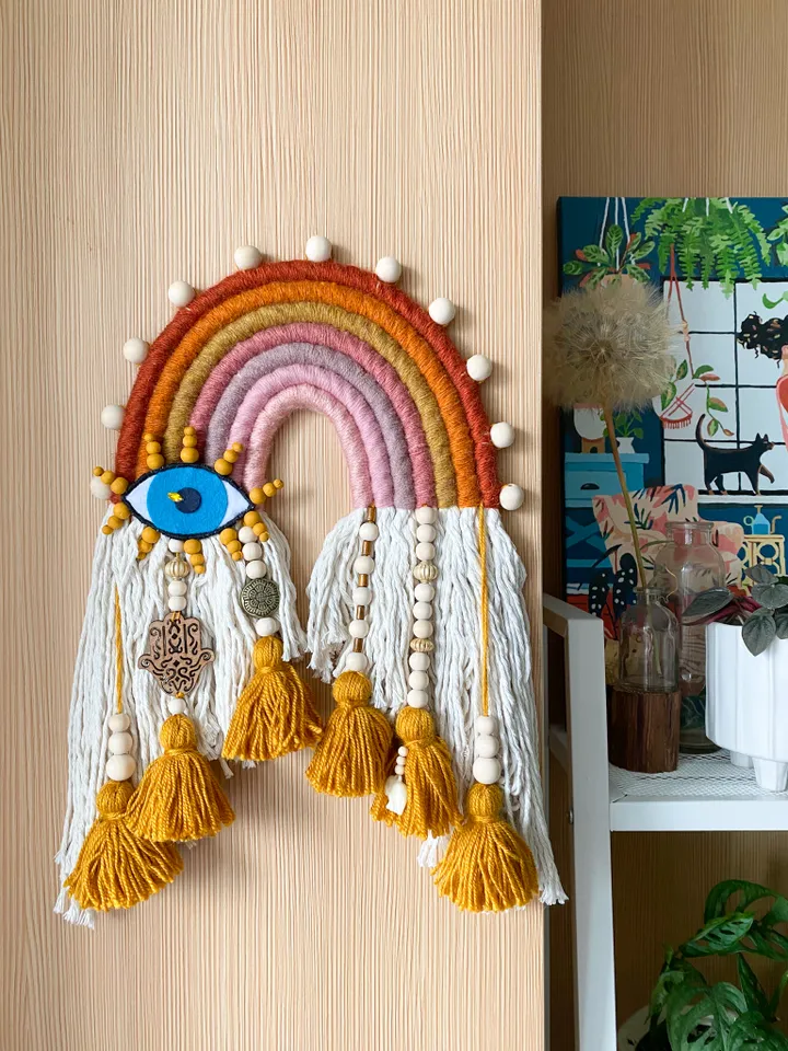 Boho rainbow wall hanging, Modern macrame decor, Mustard colors, Boho home decor, Unique birthday gift