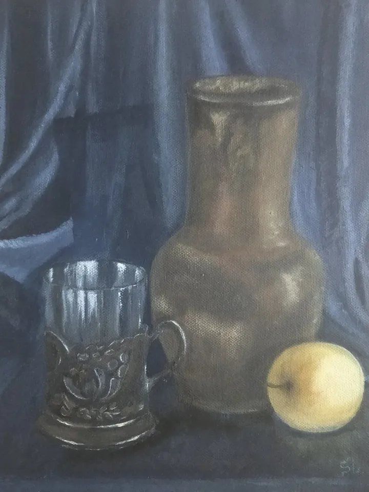 Oil Painting Still Life with Apple and Jug, Glass Goblet on Metal Stand. Vintage Items. Miniature Oil Painting 12x10 Inches