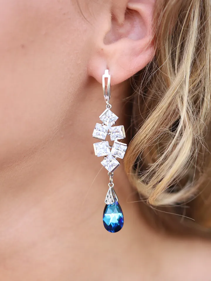 Swarovski Crystal Blue Wedding Earrings Cubic Zirconia LuxuryJewellery Bridal Jewelry Swarovski Crystal Bridal Jewellery Art Deco Earrings