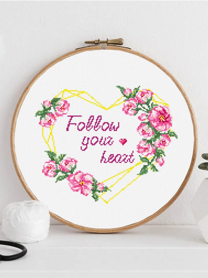Floral heart cross stitch pattern PDF download Heart frame cross stitch chart, Follow your heart pattern digital PDF, Valentines stitch #Q1