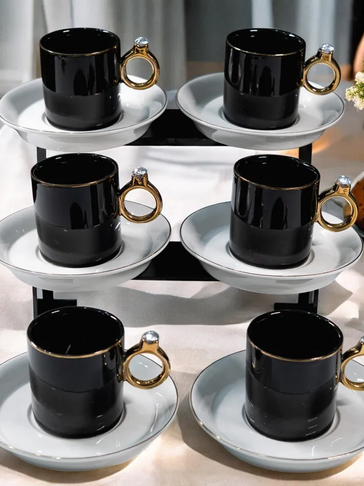Black And Gold Luxury 12 Pieces Tea Cups And Saucers | Black and Gold Tea Cups | Elegant 12-Pieces Tea Cups