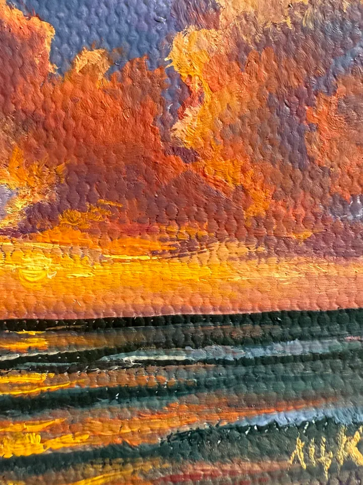 Small Landscape Oil Painting Framed Original Colorful Pink Clouds Antique Ocean Art Coastal Antique Frame Tiny Paintings 4 x 4 Art Victorian artwork