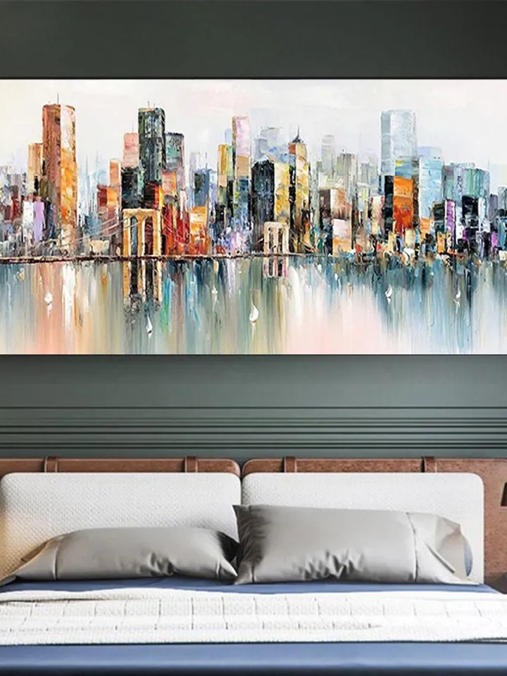 Abstract Cityscape Oil Painting, Large Original Colorful Urban City Landscape Oil Painting on Canvas, Modern Blue Living Room Wall Art Decor