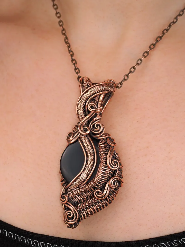 Unique copper wire wrapped pendant this natural Black Onyx Healing wire weave statement necklace for her woman Art