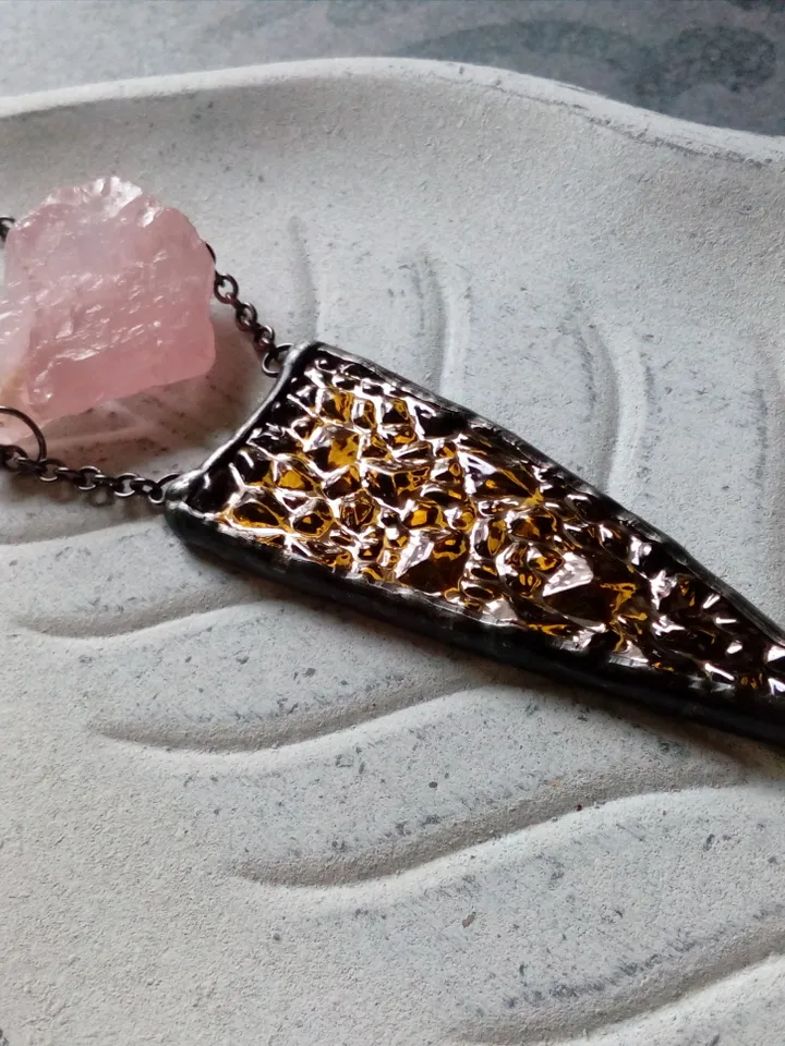 Spike necklace, rose quatrz pendant, stained glass necklace, geometric pendant, triangular necklace