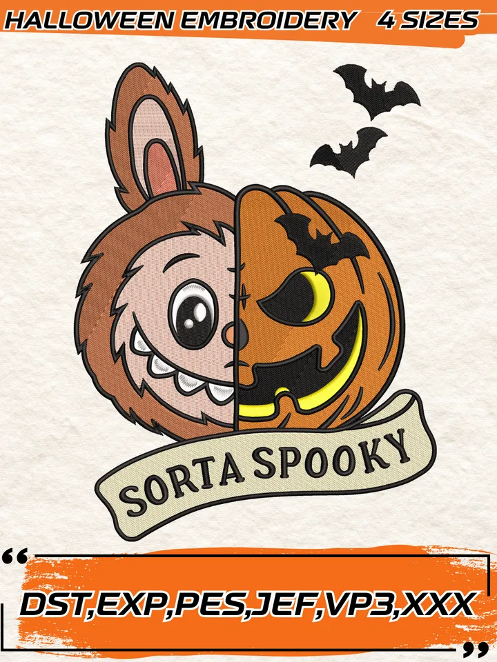Sorta Sweet Spooky Labubu Embroidery Design, Labubu Pumpkin Halloween,4 Sizes , Digital Download